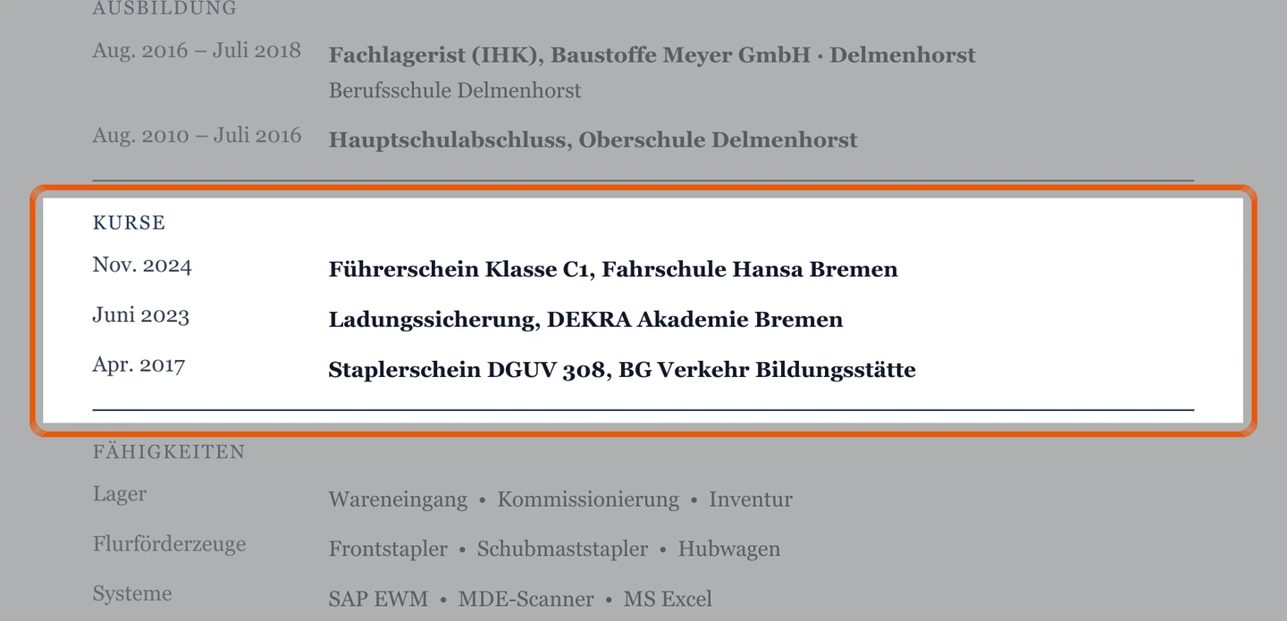 Weiterbildungen und Scheine im Muster – Muster Lager & Logistik