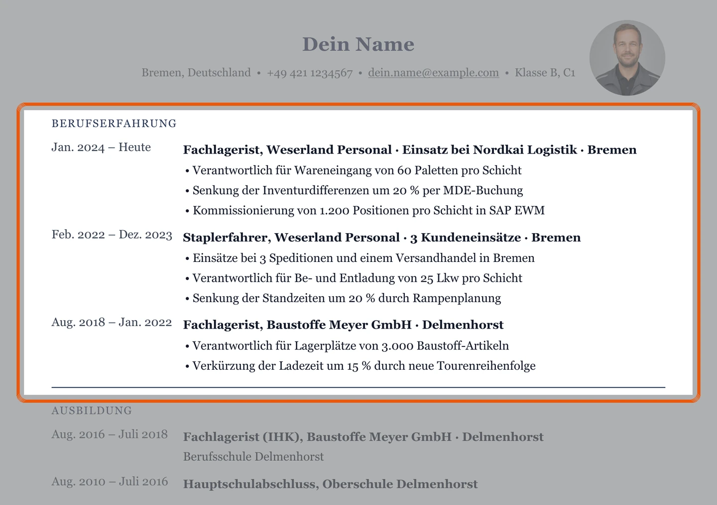 Zeitarbeit in der Berufserfahrung – Muster Lager & Logistik