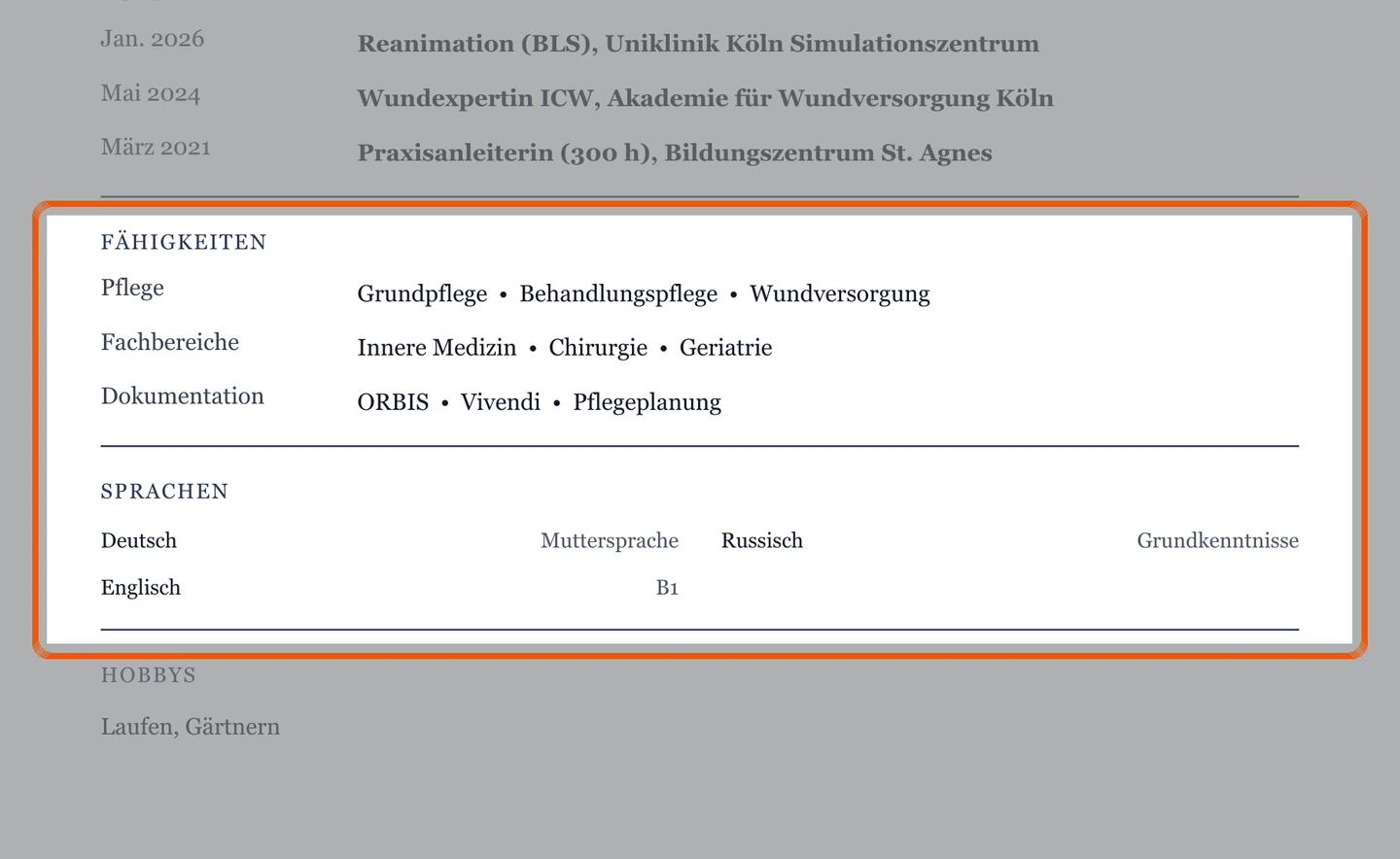 Kenntnisse und Sprachen im Muster – Muster Pflege, Gesundheit & Soziales