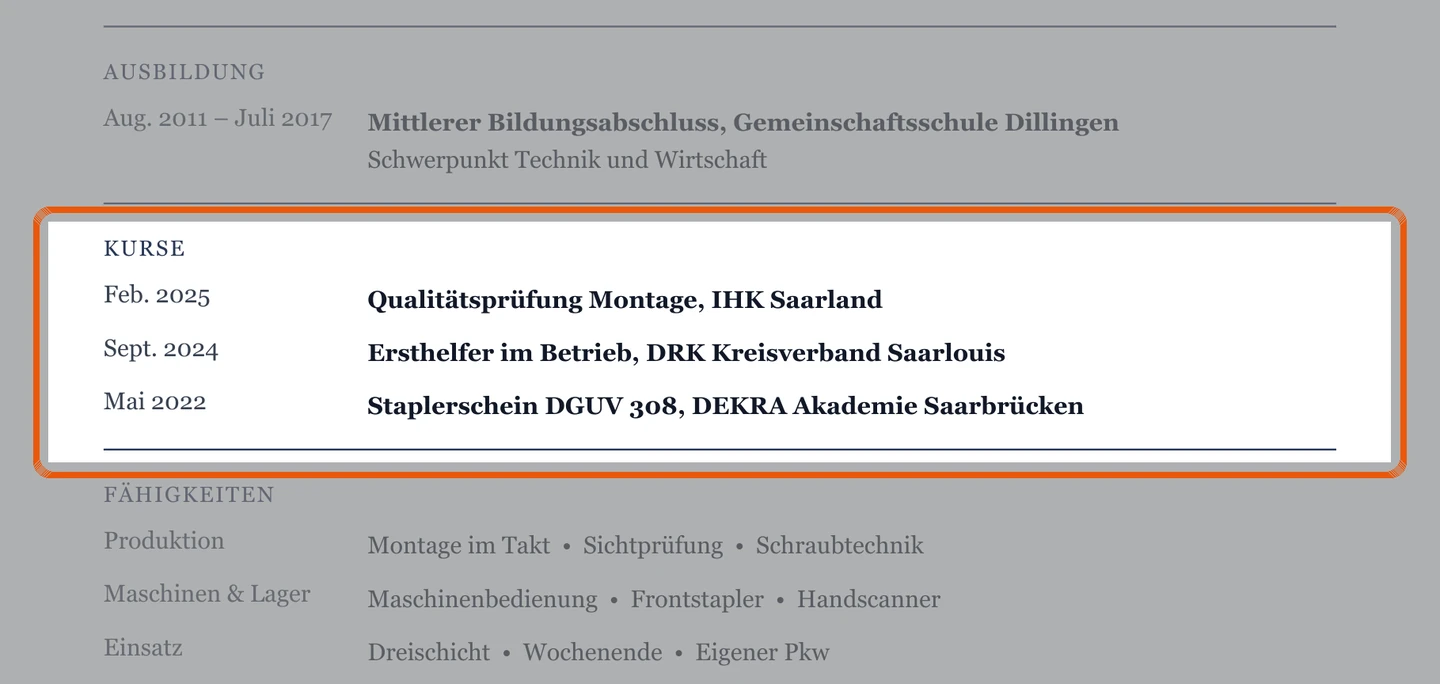 Weiterbildungen und Scheine im Muster – Muster Produktion & Montage
