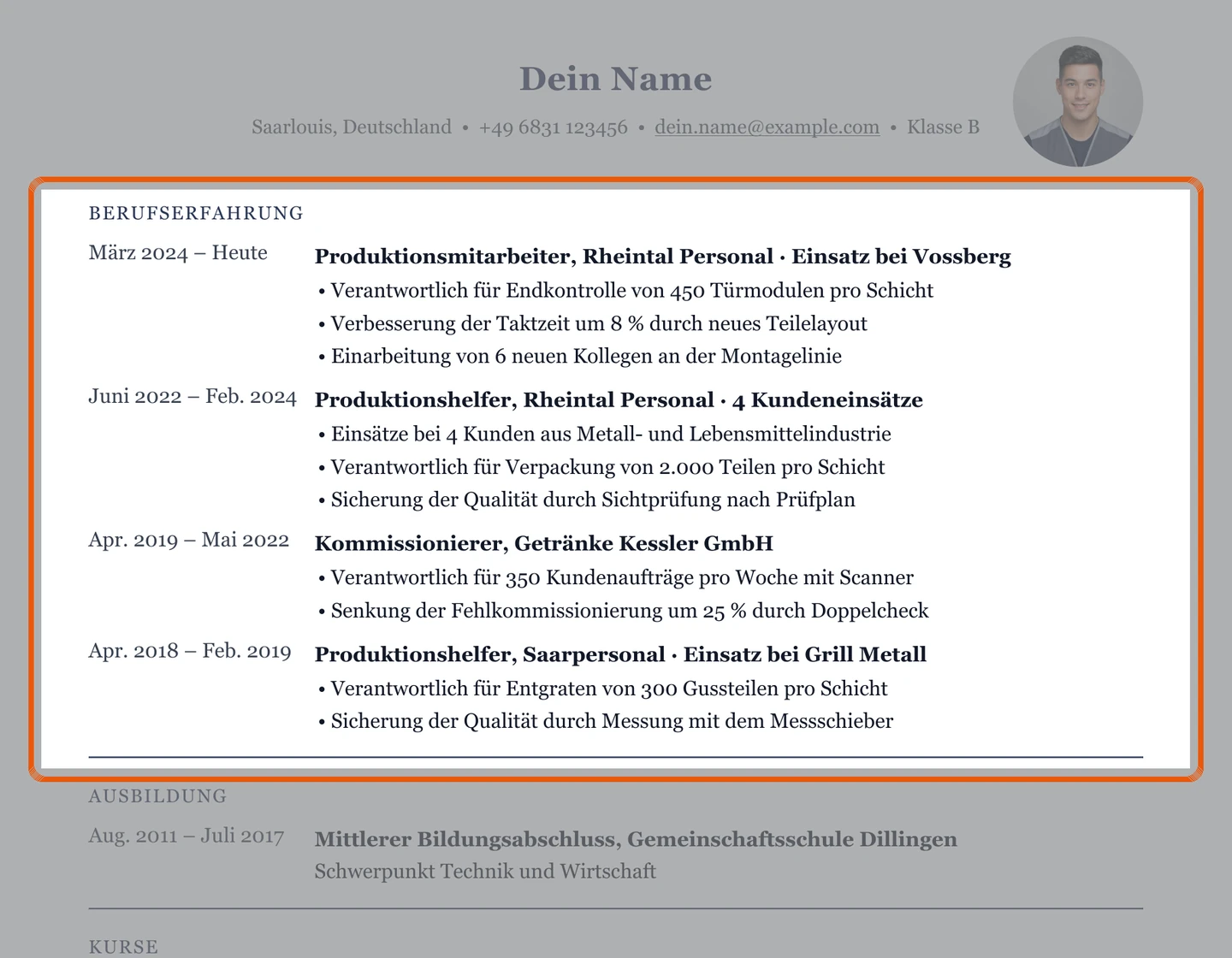 Zeitarbeit in der Berufserfahrung – Muster Produktion & Montage