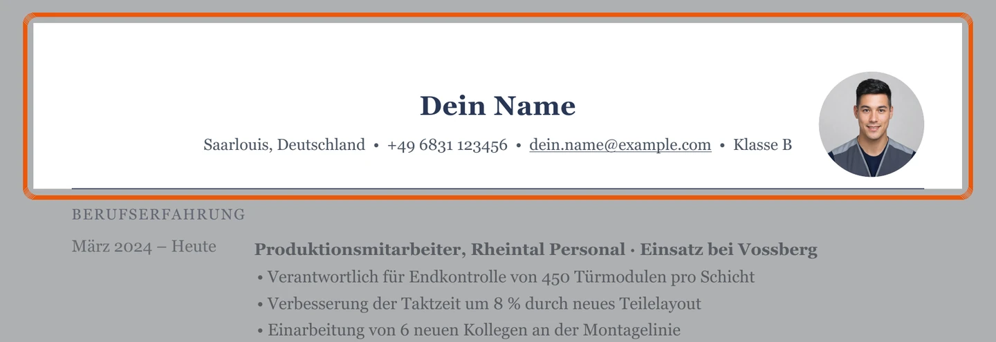 Persönliche Angaben im Muster – Muster Produktion & Montage
