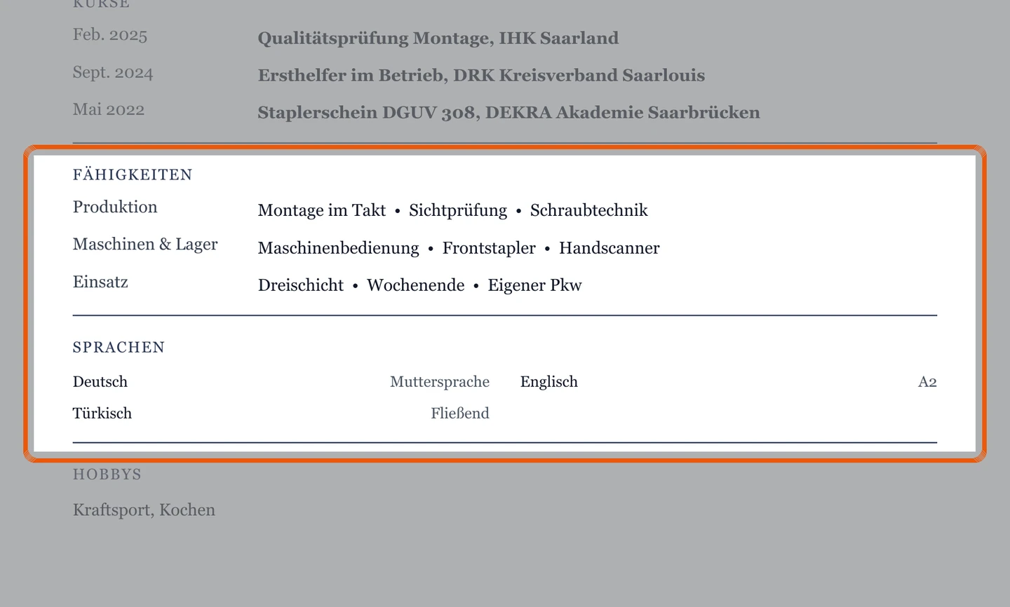 Kenntnisse und Sprachen im Muster – Muster Produktion & Montage